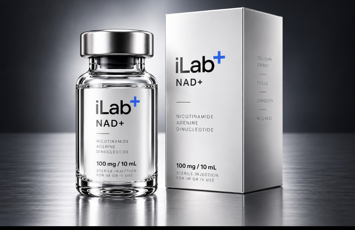 iLab+ NAD+ glass vial with a silver cap beside its silver iLab+ box on a reflective surface
