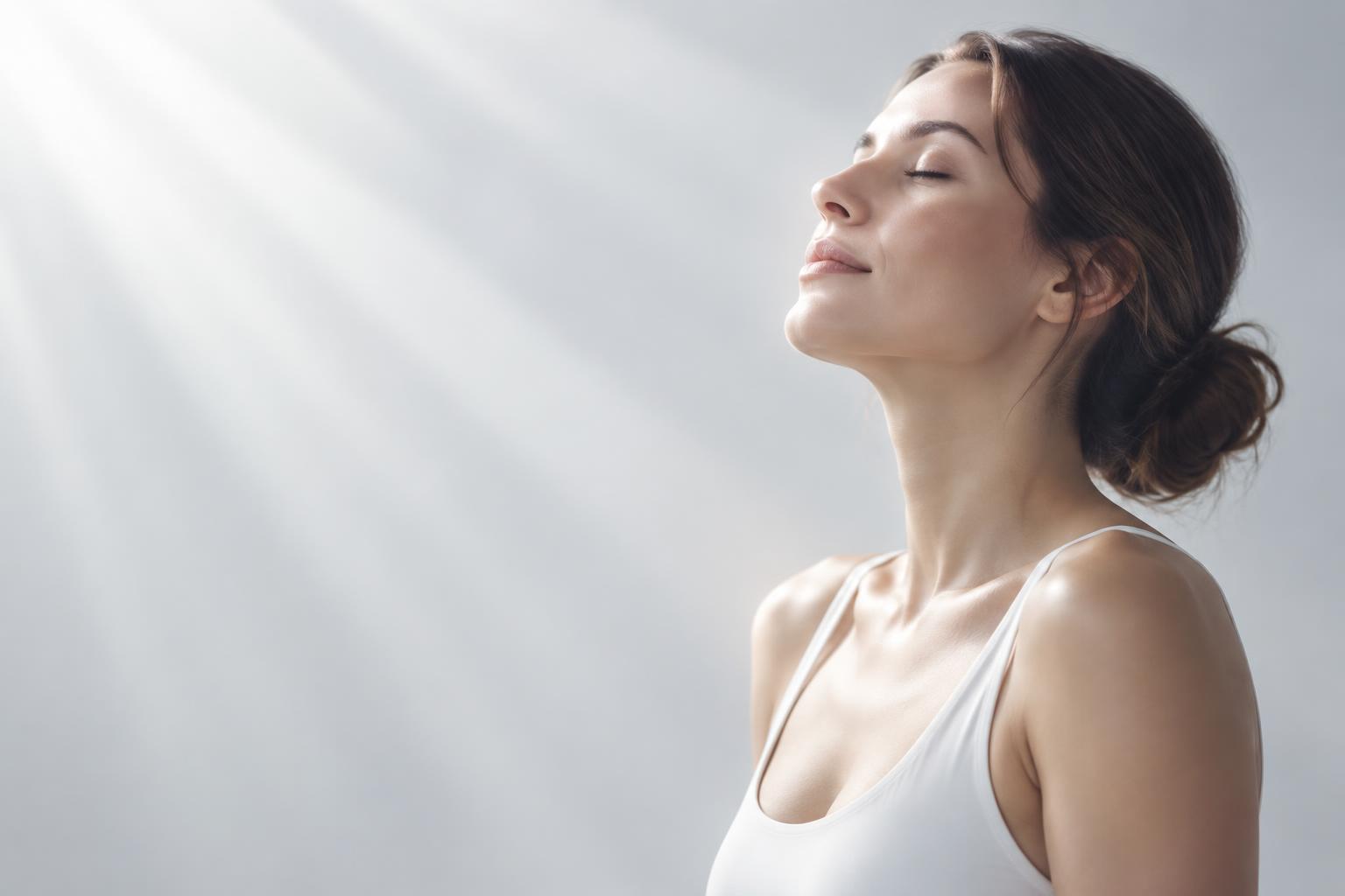 Woman in calm side profile with eyes closed, facing soft natural light against a pale silver background